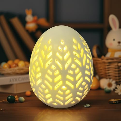 Zecnaud Ostereier mit LED Licht aus Keramik, Osterdeko Beleuchtet Ostereier, LED Ostereier aus Keramik, Frühlingsdeko Eier Ostern Deko Lichter Batteriebetrieben für Osterdeko Innen Tischdeko (B)