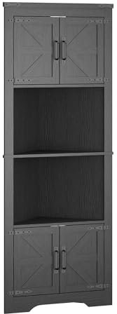 Panana Tall Corner Bathroom Cabinet, Freestanding Farmhouse Storage Cabinet with 4 Barn Doors and Adjustable Shelves Wooden Space Saver Storage Cupboard for Bathroom, Kitchen, Living Room (Black)