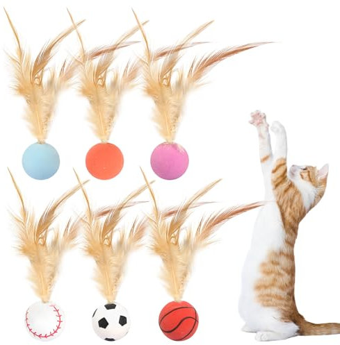 CAINCAY Katzenbälle Spielzeug mit Federn, 6 Stück katzenspielzeug Federn Hüpfender Katzenball mit Feder, Interaktives Katzenspielzeug Gummi Pounce Ball Spielzeuge für Kätzchen