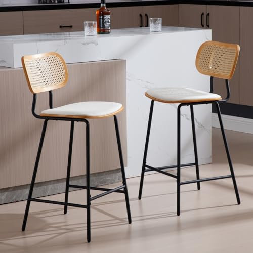 Ya-Home Taburetes de Bar Modernos Juego de 2 Sillas Altas con Respaldo Rattán,Taburetes de Cocina Tapizando en Cojín de PU Sillas de Mostrador con Patas Negras para Hogar/Restaurante,Blanco