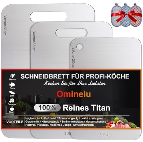 Ominelu 3 Stück Titan Schneidebrett Set, Upgrade​ S316 Edelstahl | Schneidebrett mit Schwamm, Doppelseitiges Lebensmittel & BPA Frei, Titanium Cutting Board für Gemüse Fleisch Obst Brot Fisch
