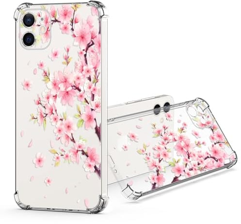 JRIANY pour iPhone 11 Transparente Coque, Souple TPU Silicone Protective Case Cover avec Fleur Floral Motif Antichoc Protection Housse Clair Etui Étui (Sakura Rose)