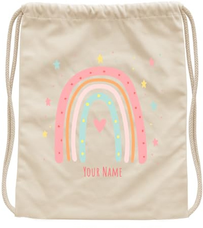 JOPHY & CO. Sacca Bambino Personalizzata | Zaino con Nome | 100% Cotone | Borsa Bambini Scuola/Asilo/Gita/Viaggi/Sport 40x36 cm (COD. 8701) (Arcobaleno Fantasia A, Beige)