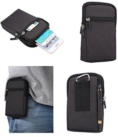 DFV mobile - Universal Multi-Functional Vertical Stripes Pouch Bag Case Zipper Closing Carabiner for movil Divinity Smartphone/Wiko Darkmoon - Black (17 x 10.5 cm)
