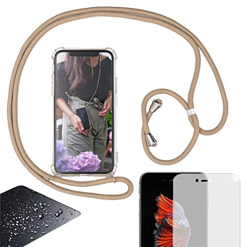 Eximmobile Handykette kompatibel mit iPhone 5S/5/SE 2016 mit Panzerfolie Handy Hülle Schutzhülle Band Seil in Beige Case zum Umhängen Handytasche Umhängehülle Kette Kordel Silikoncase Tragen