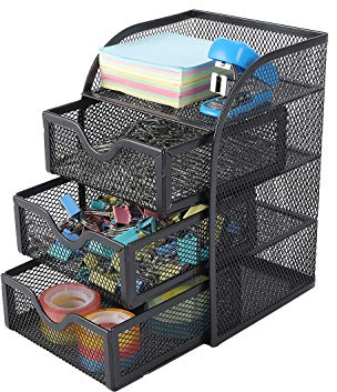 EasyPAG Mesh 3 Tier Small Drawer Storage Desk Tidy Desktop Organiser Office Supplies Holder,Black