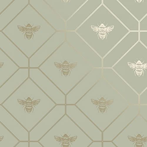 Honeycomb Bee Geometric Wallpaper Green - Gold Metallic - Holden 13080