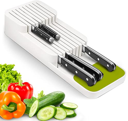 Mejorado Organizador de Cuchillos para Cajón, 2 Niveles Portacuchillos de Cocina apto para 9 Cuchillos, Extraíble y Antideslizante, Bloque de Cuchillos de Cocina con Ranura para Cuchillos, Blanco
