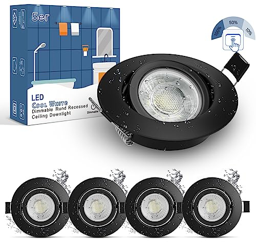 wowatt 5er 7W Einbaustrahler Schwarz 3 Stufe Dimmbar IP44 Bad Einbauspot Flach 230V Deckenspots 700LM Kaltweiß 6000K Ersetzt 70W Halogen Einbauleuchten Schwenkbar Rund 68mm LED Spots für Badezimmer