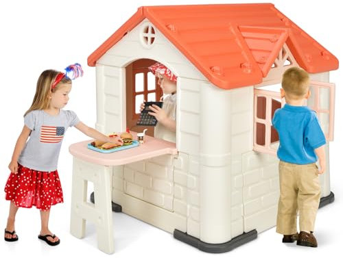 COSTWAY Casetta per Bambini con Porte e Finestre, Casetta Giocattolo con Tavolo, Set Giocattolo con 7 Pezzi, Ideale per Bambini 3-8 Anni, 164x124x132 cm (Rosa)