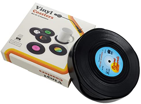Lot de 12 dessous de verre de style disque vinyle rétro solide de 10,4 cm - Anti-brûlure - Antidérapant - Pour la maison/le bar, le café, le thé, la bière, la bière, la bouteille de vin, les verres à