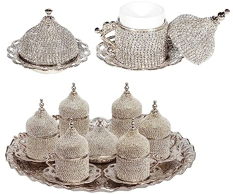 6 PC Stunning Crystal Turkish Tea Set -6 Porcelain Cups, 6 Saucers, 6 Ottoman Lids, Sugar Bowl & Tray -Artisan Turkish Coffee Glasses, Wedding Gift, Celebrations (6 Silver Crystal Cups)