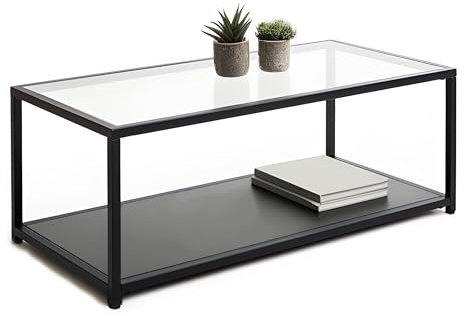 QLLY Rechteckiger Glas-Couchtisch, Beistelltisch mit Glasplatte für Wohnzimmer, 2-stöckiger Cocktailtisch, Mitteltisch mit Metallablage, Industriestil (Weiß Transparent, 100cm)