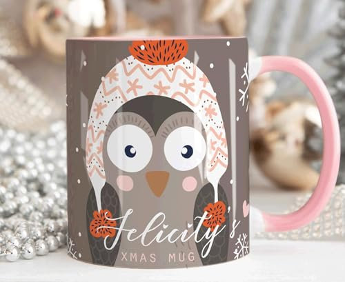 The Whistling Wren Personalised Cute OWL Mug with Name, Christmas Coffee Cup Hot Chocolate Mug, Personalised Mug & Coaster Set for Her