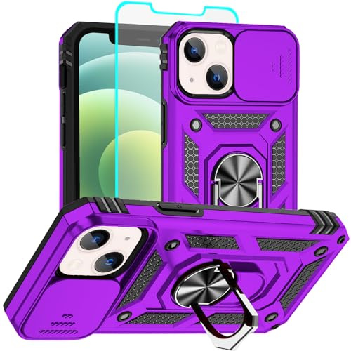 Aozuoton for iPhone 12 Mini Case with Screen Protector：Dual Layer Military Grade Drop Protection Magnetic Ring Kickstand - Camera Lens Protective Phone Case for iPhone 12 Mini purple