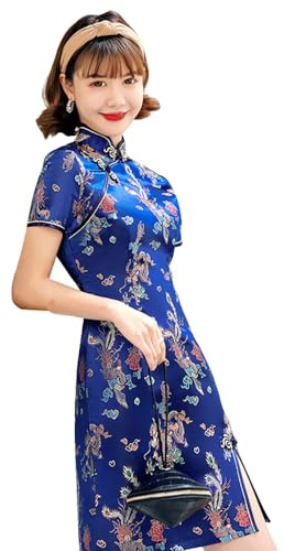 ZNLFS Cheongsam klänning bodycon mandarin krage kortärmad smal passform sidoslits blommönster drake mini Qipao, Mörkblå drake, 36