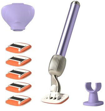 Fler The Razor Shave Set - Rasoio Donna con Testine Intercambiabili, Rasoio con Supporto, 6 Lamette di Ricambio e Custodia Protettiva, Rasoi Unisex, Lametta con Aloe Vera, Vitamina E, Lilla Lilac