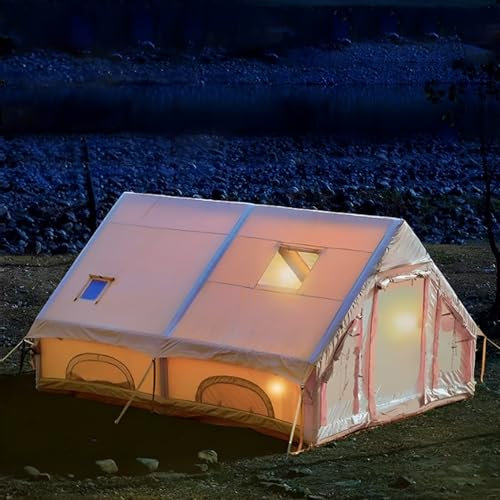 Aufblasbares Zelt mit Kaminöffnung, Luftzelt für 2-8 Personen, Camping Aufblasbares Zelt Mit Luftpumpe & Dachfenster, Inflatable Tent aus 420D Wasserdichter Oxford-Stoff | Wassersäule 5000 mm.