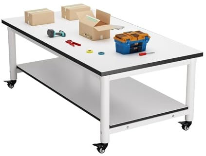 Werkbank mit Rollen und Ablage Stahlrahmen und Holz Schwere Arbeitstisch Starke Tragkraft für Garage, Werkstatt, Büro, Zuhause