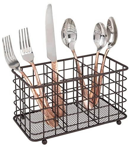 mDesign Panier à couverts en métal pour ranger les couverts - Avec 3 compartiments pour couverts, éponges et lingettes humides - Rangement utile pour couverts et cuisine - Bronze
