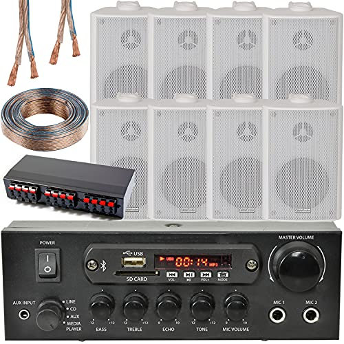 Loops Bluetooth Wall Speaker Kit 4 Zone Stereo Amp & 8x White Wall Background Music