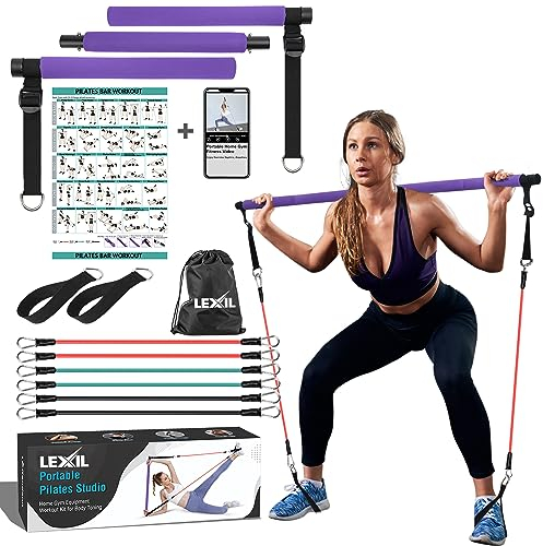Pilates Reformer, Pilates bar, fitnessgeräte für zuhause, 3 Paar Widerstandsbänder (15, 20, 13,6 kg) Workout-Set für Körperstraffung, mit Fitness-Video (lila) (Lila)