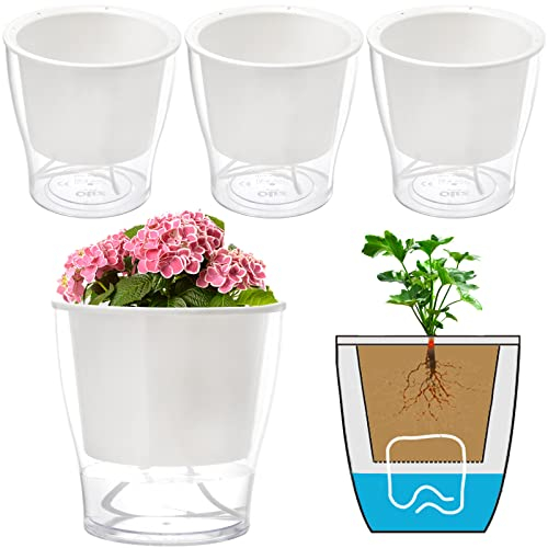 ZOOFOX 4 Pack 7 Inch Self-Watering Planters, Large Clear Plastic Automatic-Watering Plant Pot, Modern Decorative Pot for Indoor Plants, Flowers, Herb, Aloe, Orchid, African Violets and Succulents