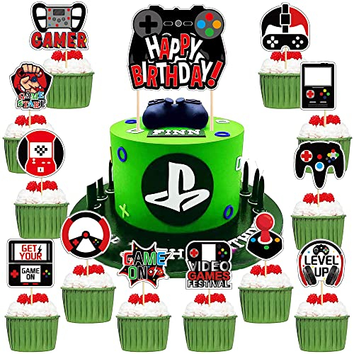 HGSHUO Tortendeko Videospiel Kuchen Deko Geburtstag Cake Topper Gaming Kindergeburtstag Torte Deko Happy Birthday Cupcake Topper Geburtstagsdeko Kuchendeko