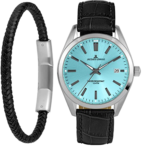 JACQUES LEMANS Geschenkset Herrenuhr und Armband Derby Türkis 1-2143E-SET