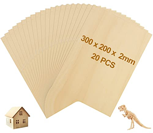 LOLYSIC 20Pcs Basswood Sheets, 300x200x2mm Plywood Sheets A4 Rectangle Unfinished Basswood Plywood Sheets for DIY Craft Arts Modeling Laser Engraving Home Decor