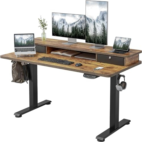 CubiCubi Höhenverstellbarer Elektrischer Stehtisch mit Doppelschublade, 120 x 60 cm Stehtisch mit Ablage, Sitz-Steh-Schreibtisch mit Verbindungsplatte,Schwarzer Rahmen/Rustikal Braun Oberfläche