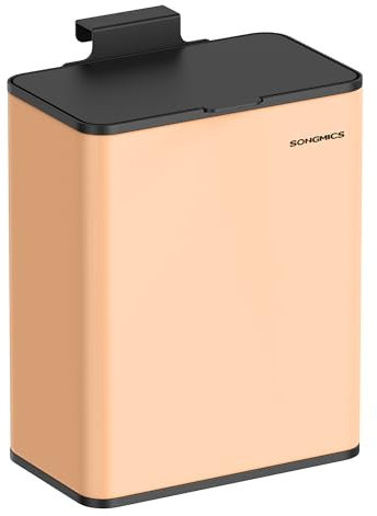 SONGMICS Hanging Kitchen Bin, 2.1-Gallon (8 L) Steel Trash Bin with Lid for Food Waste, Cabinet Door Hanging or Wall-Mounted with Hooks, for Under Sink, Bathrooms, Peach Fuzz LTB810R01