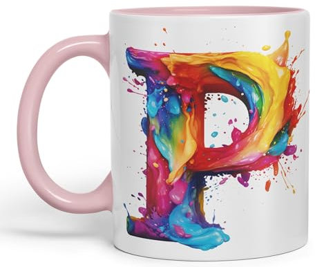 Vixar Taza con letra P, letra del alfabeto P, monograma de acuarela, taza de cerámica de colores para té, café, cerveza caliente, 330 ml, regalo (rosa)