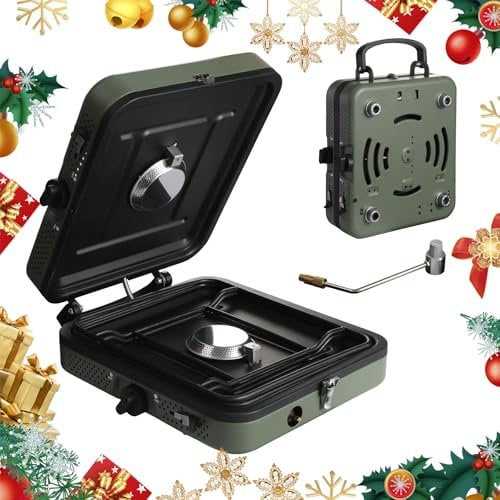 ALBOMI Réchaud de camping au propane à 2 brûleurs, réchaud à gaz pliable portable pour le camping avec 17 200 BTU, deux brûleurs réglables avec poignée de transport facile et tuyau de gaz d'entrée,