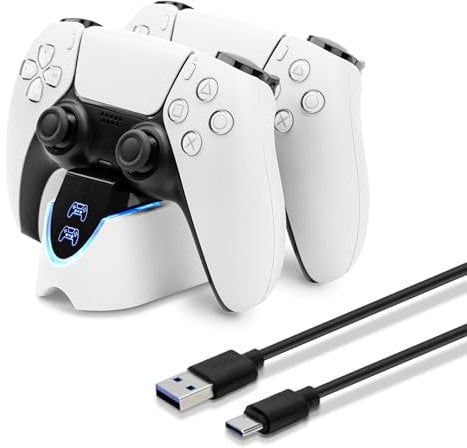Mcbazel Chargeur Manette pour PS5 Dual Sense & Edge, pour PS5 Station de Chargement Manette, Support de Charge Double Joystick avec Affichage LED, Charge Rapide Compatible avec Les Manettes - Blanc