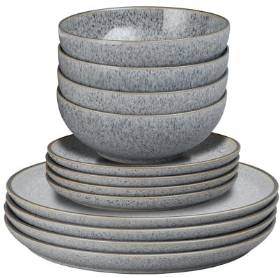 Denby - Studio Grey 12 Piece Tableware Set - Dishwasher & Microwave Safe Crockery - Glazed Ceramic Stoneware Tableware Set - Chip & Crack Resistant - Dinner Plates, Small Plates & Cereal Bowls