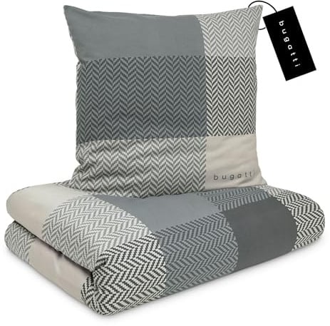 bugatti 2in1 Bettwäsche 135x200 cm - 100% Baumwolle Satin-Flanell Kombibettwäsche, Reißverschluss, anschmiegsam, weich & waschbar, Bettbezug grau Karo