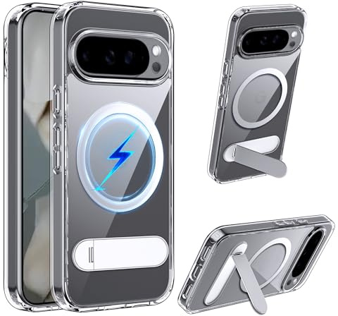 Magnetisch Hülle für Google Pixel 10/10 Pro 5G Case für MagSafe mit Flügelständer Zertifizierte Magnetkraft Militärschutz Handyhülle Stoßfest Kratzfest Hardcase Handy Hülle-Transparent