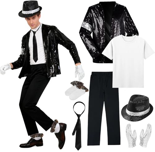 Erwachsenenkostüm King of Pop, 80er Jahre Tänzerin Rocker Star Cosplay Verkleidung Kostüm Zubehör mit Jazz Pailletten Hut Jacke Top Hose Handschuhe Socke Krawatte King of Pop für Halloween Karneval 80