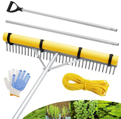 Schwimmender See-Rechen, 91,4 cm, Aluminium, Allzweck-See- und Landschaftsrechen mit 250 cm Verlängerungsgriff und 15 m Seil, Unkraut- und Algenentfernung, Gelb
