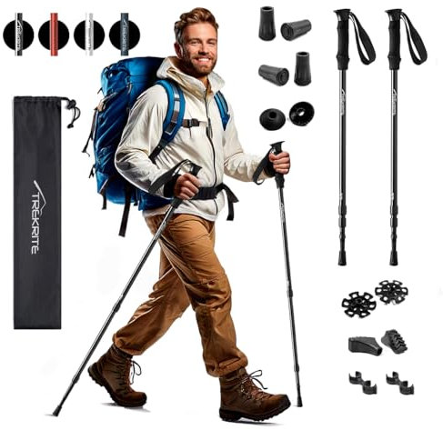 Trekrite Telescopic Walking Poles Set, Collapsible Hiking Poles, 3-Section Anti Shock Trekking Sticks for Men & Women - Adjustable Hiking Sticks with Accessories from a UK Based Company - Black