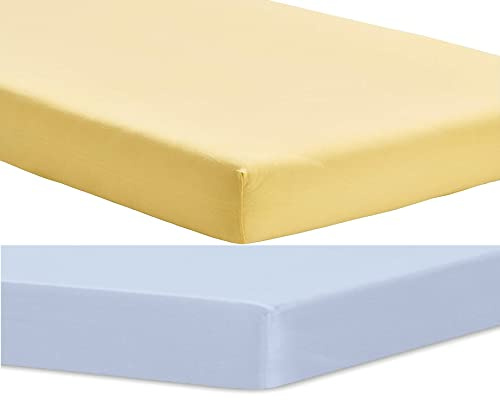 Dudu N Girlie Spannbetttuch Reisebett Matratzenlaken 95 x 65 – Reisebett Spannbetttuch 2 Stück hypoallergene Babybettlaken Bettwäsche elastisch atmungsaktiv pflegeleicht (2 Stück) blau & gelb