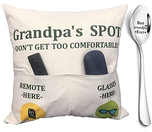 ZUYUROU Grandpa Gifts,2-Pocket Grandpa’s Spot Throw Pillow Covers 18x18 Inch + Engraved Spoon, Father’s Day Birthday Christmas Thanksgiving Day Gifts for Papa, Granddad