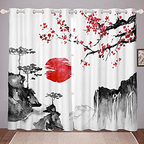 Loussiesd Japanische Ukiyoe Fenstervorhang 183x117cm Kirschblüten Rote Sonne Blickdichte Vorhänge für Kinder Jungen Mädchen Tinte JapaniSchön Stil Vorhänge Exotischer Stil Dekor