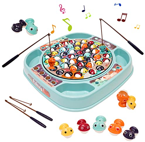 Nukdey Fishing Game Fishing Toy for Kids with Music and 45 Fishes 4 Fishings Poles Rotating Board Games Fish Catching Game Bath Toys Learning Educational Gift for Kids Boys Girls 3+