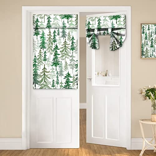 Grüner Baum-Wald-Türvorhang für Türfenster, Kiefern-Nadelbäume, Waldtür, Fenstervorhang für französische Glastür, Aquarell-Design, kleiner Vorhang für Tür, 66 x 106,7 cm ein Paneel
