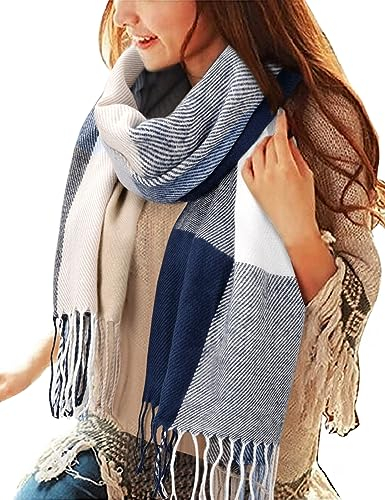 Tuopuda Damen Plaid Dreieckschal Winter, Pashmina Schal Weiche Quaste Wickeltuch Weihnachtsgeschenke Für Adventskalender, Blau + Weiß, Einheitsgröße