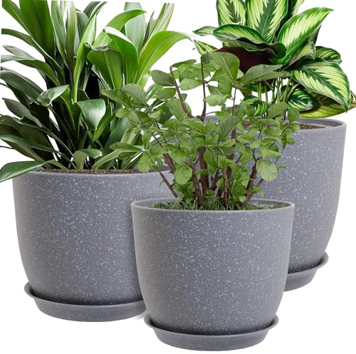 MUAEEOK Plant Pots 25/23/20 cm, Set of 3 Modern Decorative Plastic Planters with Drainage Holes and Saucers for House Plants Indoor Flowers Plants (Grey Speckles)