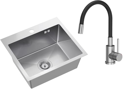 VBChome Fregadero de acero inoxidable con grifo, 50 x 45 cm, acero inoxidable cepillado, empotrable con orificio para grifo, acero inoxidable, con caño flexible