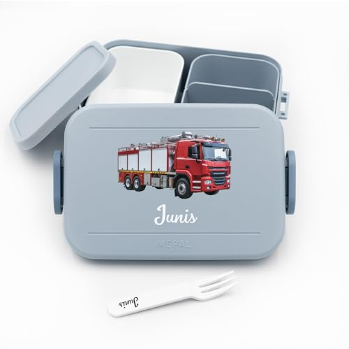 Geschenkfreude Feuerwehr Brotdose mit Namen Kinder für Mepal - Lunchbox Kinder mit Trennwand Name, Kindergarten, Schule - Alles für den Schulanfang - Personalisierte Brotdose Feuerwehr